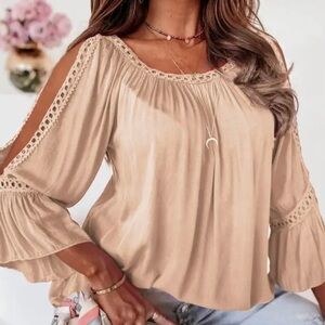 Lace Crochet Cut-Out Bracelet Sleeve Ruffle Blouse